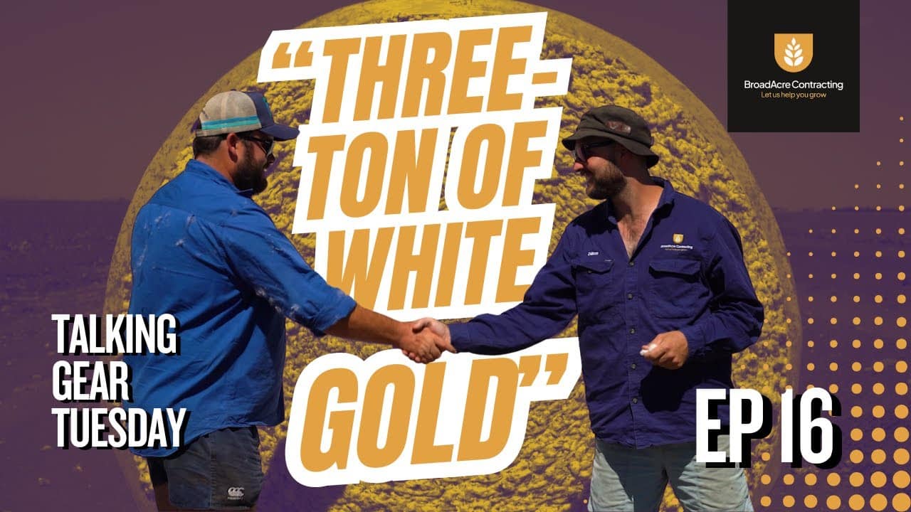 Two men in blue work shirts shake hands in front of a purple background with bold 'Three-Ton of White Gold' lettering and 'EP 16' for a Talking Gear Tuesday promo.