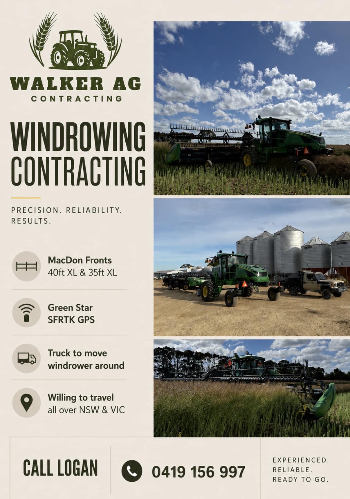Advertisement for Walker AG Contracting: windrowing contracting logo and photos of green tractors in fields with farm equipment.