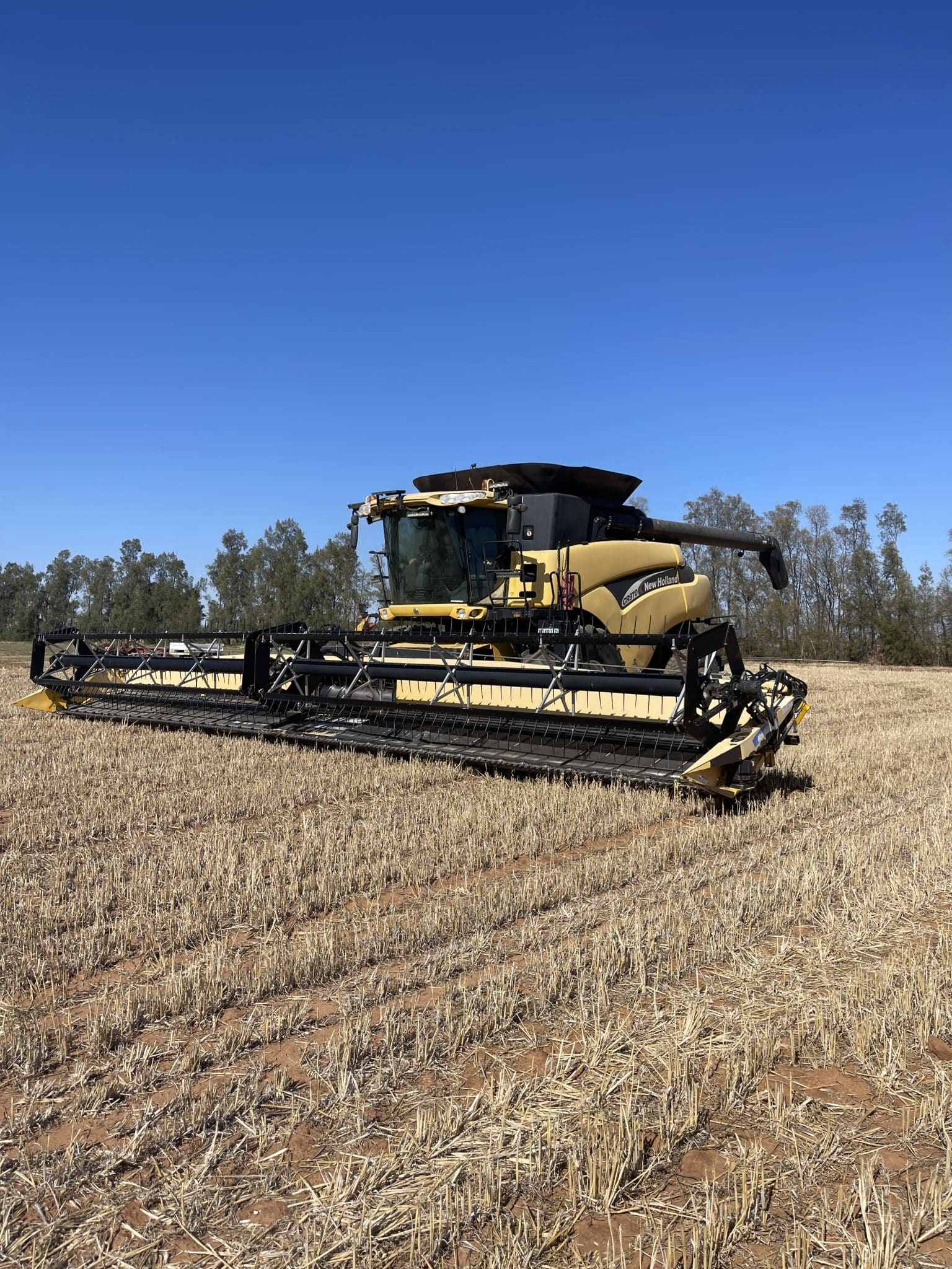 A yellow combine harvester parked in a harvested field under a clear blue sky.
