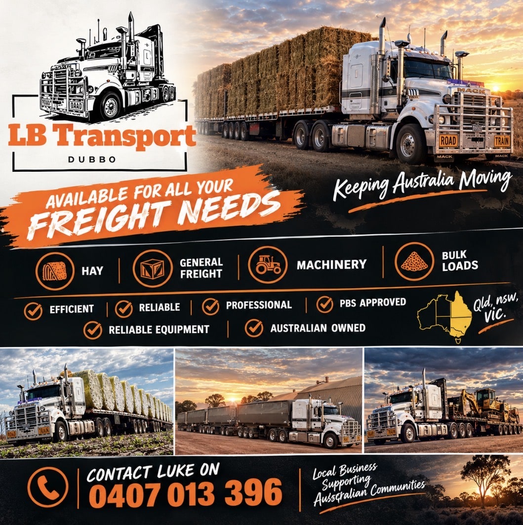 LB Transport Dubbo advertisement banner featuring a white semi-truck hauling hay bales, bold orange 'Freight Needs' wording, and contact info with an Australia map outline.