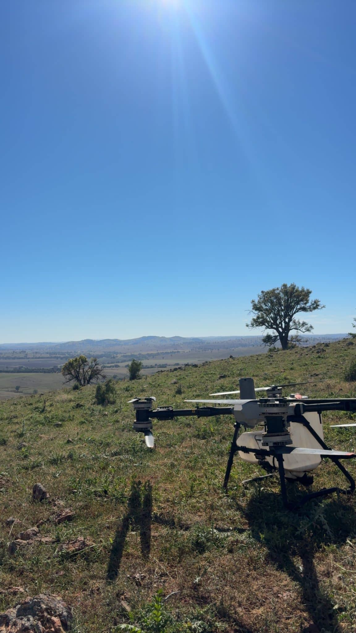 Drone parked on a grassy hillside under a clear blue sky with sun glare at the top edge.