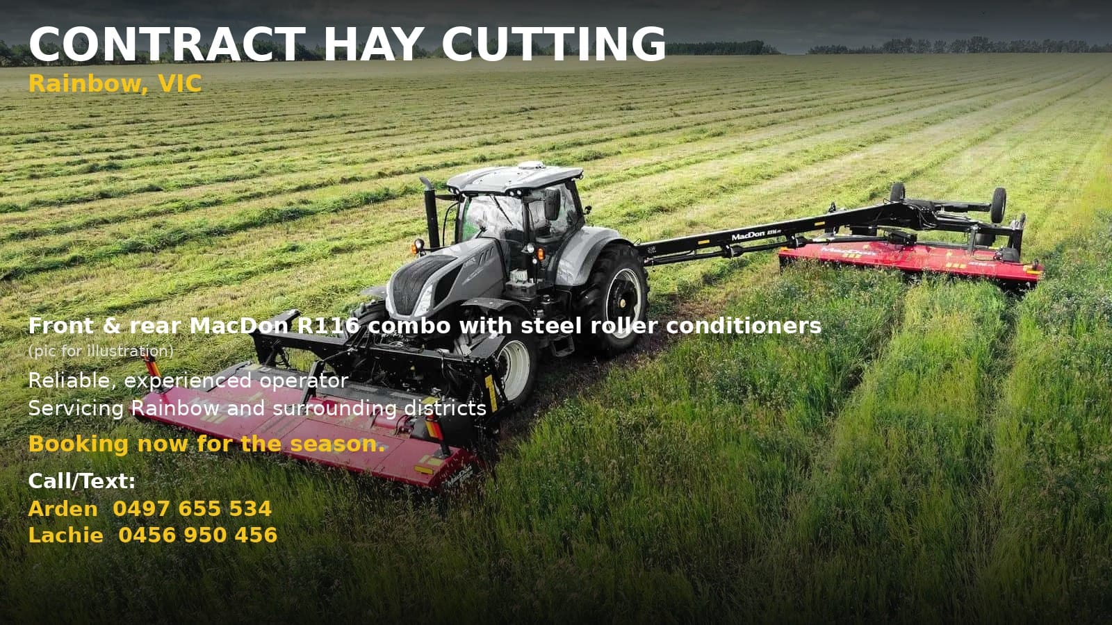 Hay-cutting service in Rainbow, VIC; tractor with a MacDon hay mower across a large field, booking info and contacts included in the overlay.