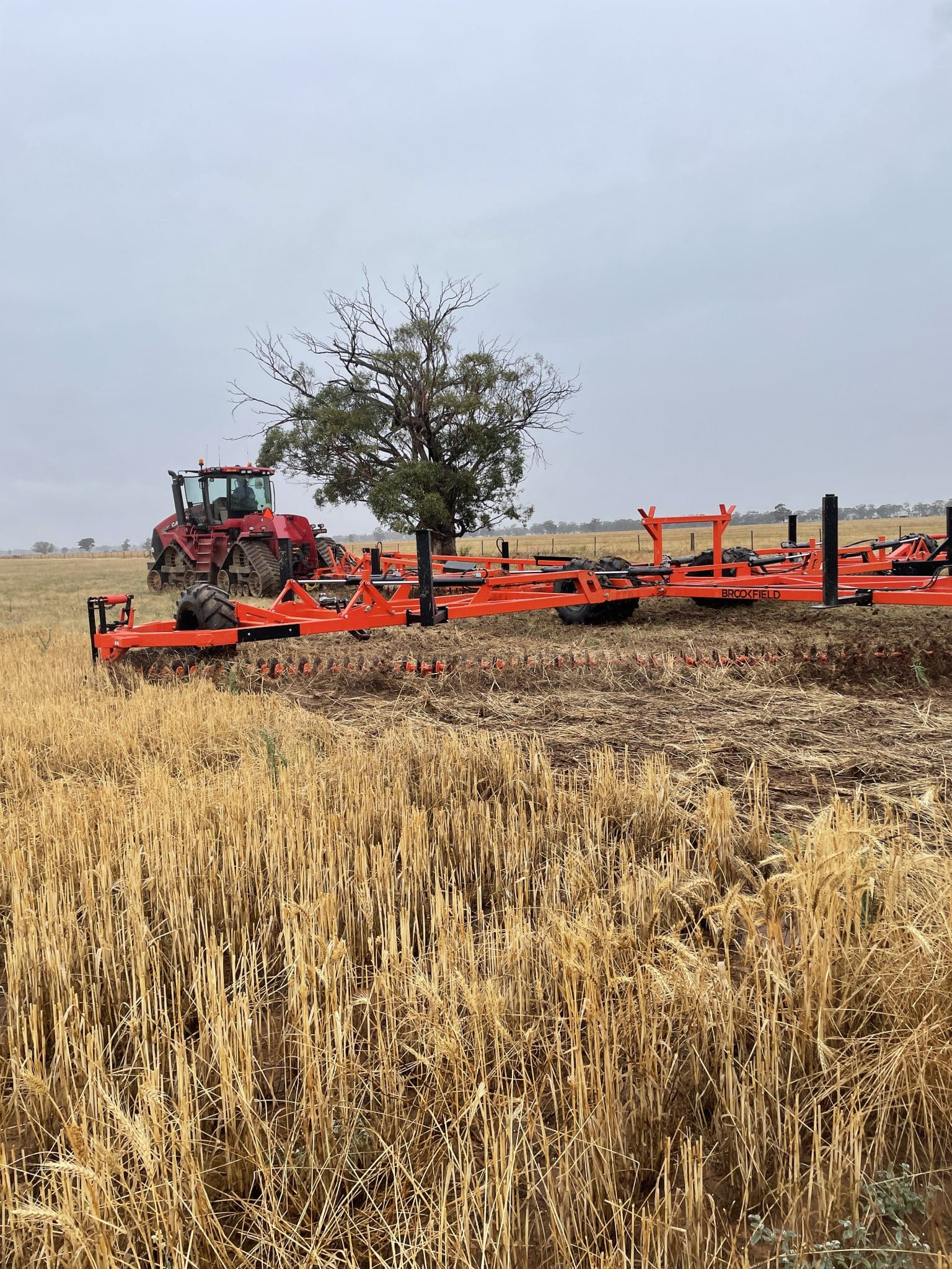 Red tractor with large orange equipment attached, in a dry wheat field with a lone tree and cloudy sky in the background